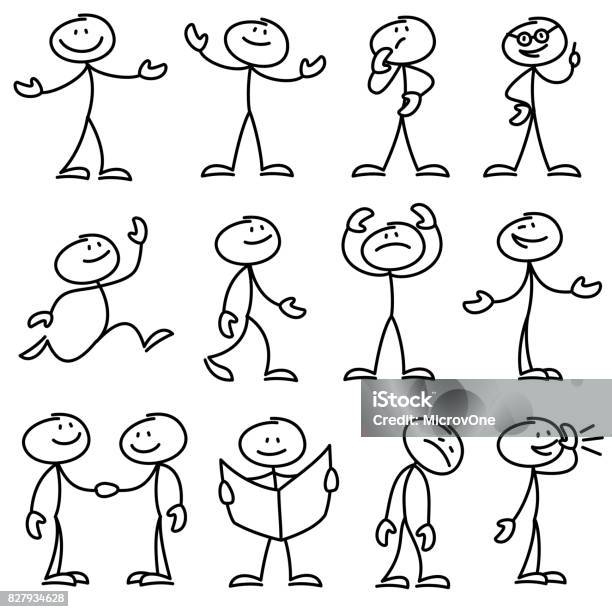 Cartoon Hand Drawn Stick Man In Different Poses Vector Set Stock Illustration - Download Image Now