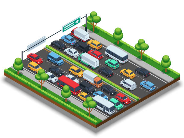 ilustraciones, imágenes clip art, dibujos animados e iconos de stock de isométrica autopista con atasco de tráfico. 3d concepto de vector de transporte con autos y camiones - traffic jam illustrations