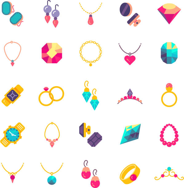 luxus-schmuck-flache vektor-icons - necklace chain gold jewelry stock-grafiken, -clipart, -cartoons und -symbole