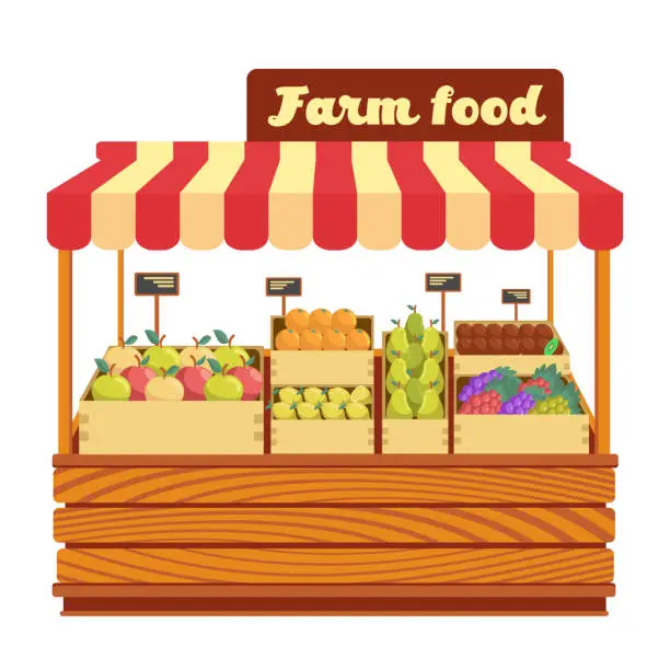 Vector illustration of Market wood stand with farm food and vegetables in box vector illustration