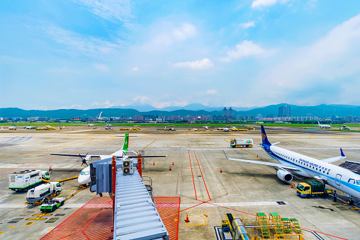 Taipei: This is a view of the runway of Songshan airport with airplanes getting ready to board passengers on June 09, 2017 in Taipei