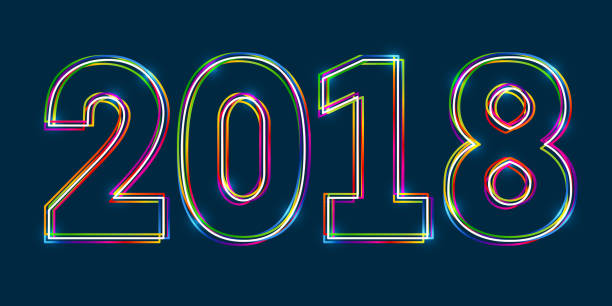 istock 2018 Happy New Year. Multicolor outline numbers with glowing effect on blue background. 827939152