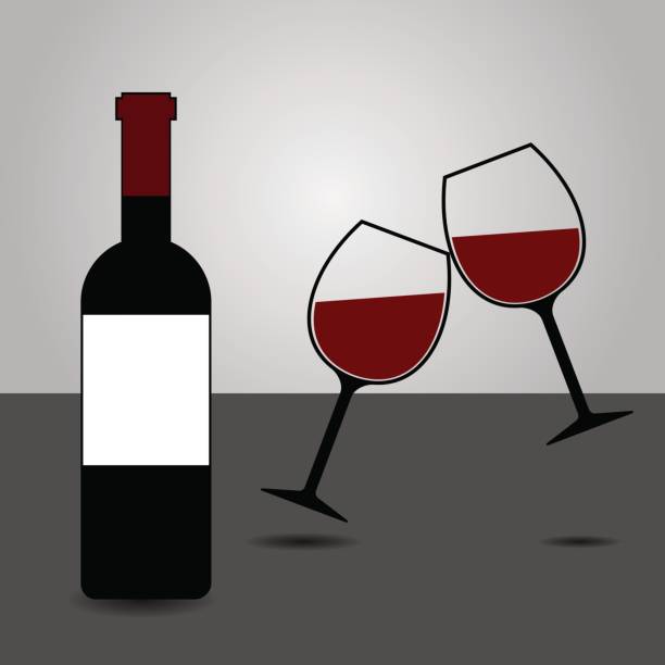 chai rượu vang đỏ và hai ly clinking vector - cheers! - ku789 vin hình minh họa sẵn có
