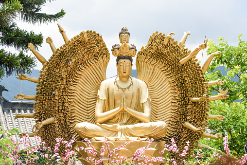 This photo taken on 6 August 2017. The temple is located in Hong Kong Shatin on a mountain. The photo recorded the gold statues and architecture of ten thousand buddhas monastery. There were so many golden statue 