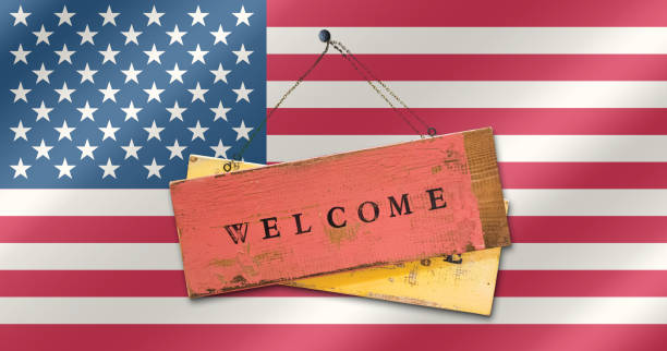 Grungy Wood Paneling with WELCOME text, and USA flag
