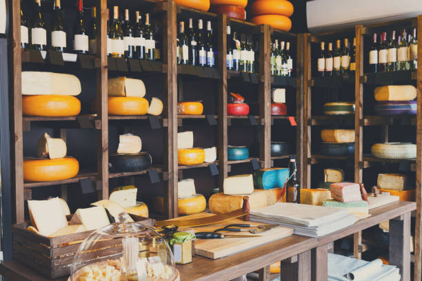 istock Cheese shop shelves, large assortment 827950574