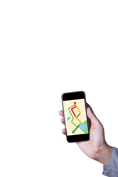 istock Hand of man using map on smartphone application isolated with white background and space for copy. 827955492