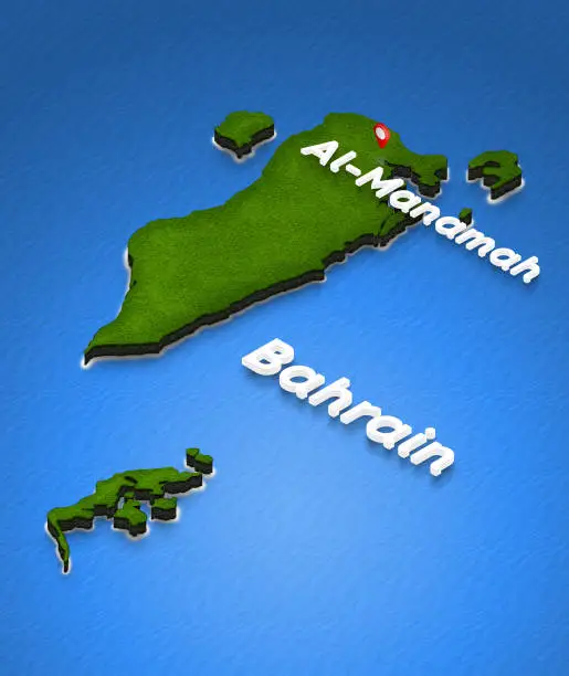 Illustration of a green ground map of Bahrain on water background. Left 3D isometric perspective projection with the name of country and capital Al-Manamah.