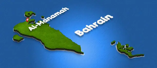 Illustration of a green ground map of Bahrain on water background. Right 3D isometric perspective projection with the name of country and capital Al-Manamah.