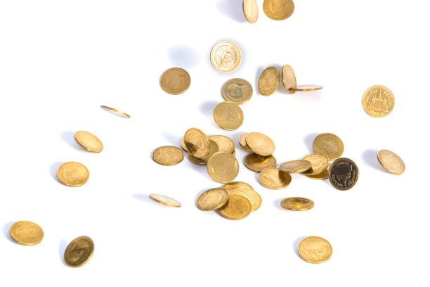 istock Falling gold coins. Money on a white background. shallow focus. 827963470