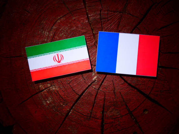 istock Iranian flag with French flag on a tree stump isolated 827970712