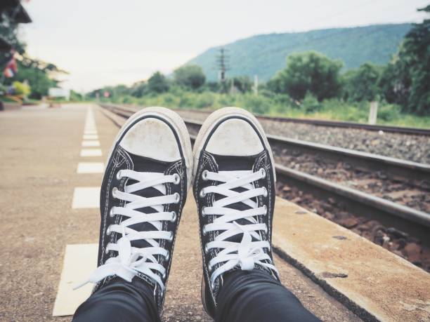 istock Selfie of sneakers with mountain 827971272