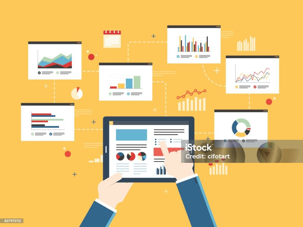 Concept of finance investment planning, analytics chart on mobile device. Flat design vector illustration concept of finance investment planning, analytics Information in the form of a graph or diagram with growth report on mobile device.  Successful business. Dashboard - Visual Aid stock vector