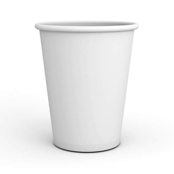Blank white paper cup close up isolated on white background with shadow . 3D rendering stock photo