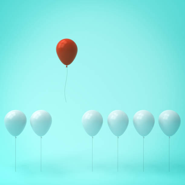 istock Stand out from the crowd and different concept , One red balloon different from other white balloons on light green pastel color wall background with window reflections and shadows . 3D rendering 827974290