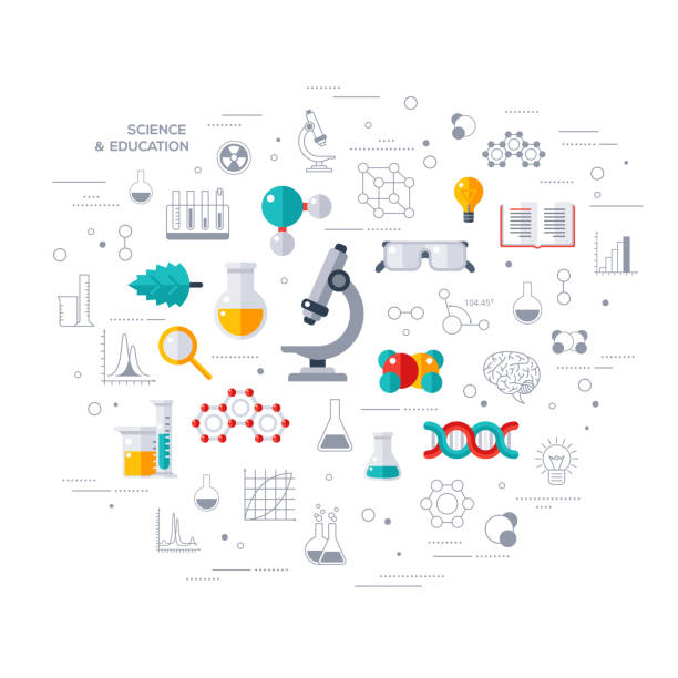 ilustraciones, imágenes clip art, dibujos animados e iconos de stock de concepto de educación y ciencia con microscopio - formula chemistry vector molecular structure