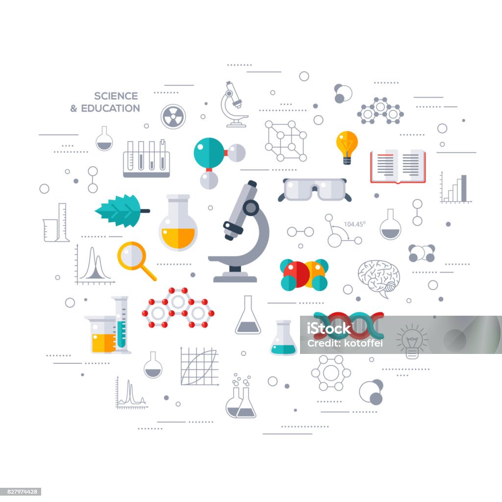 Concept of education and science with microscope Flat design vector illustration concept of education and science. Concept for web banners and promotional materials. Science Lab, Testing, Analysis, Scientific Research, Chemical Experiment. Science stock vector