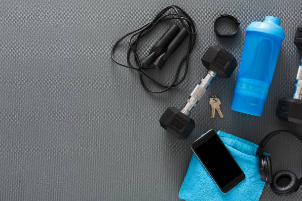 istock Fitness background, sport equipment, copy space 827974738
