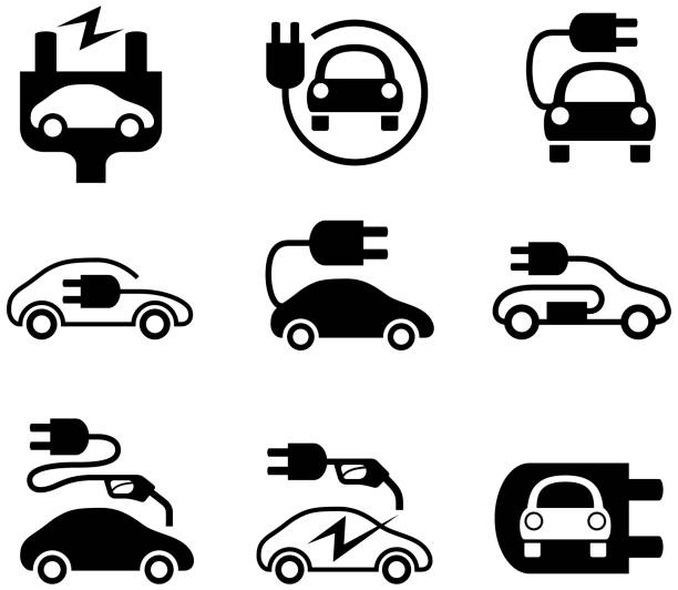 Electric Car Icons Electric car and electric car charging symbols. Single colour black isolated electric car stock illustrations