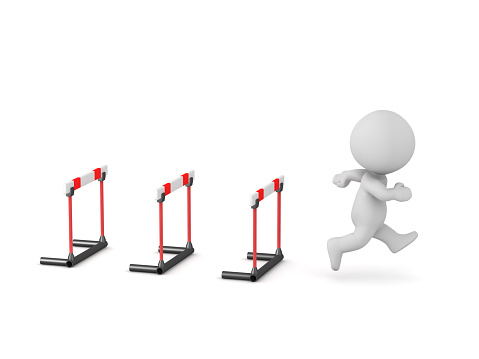 3D character running past hurdle barriers. Isolated on white background.