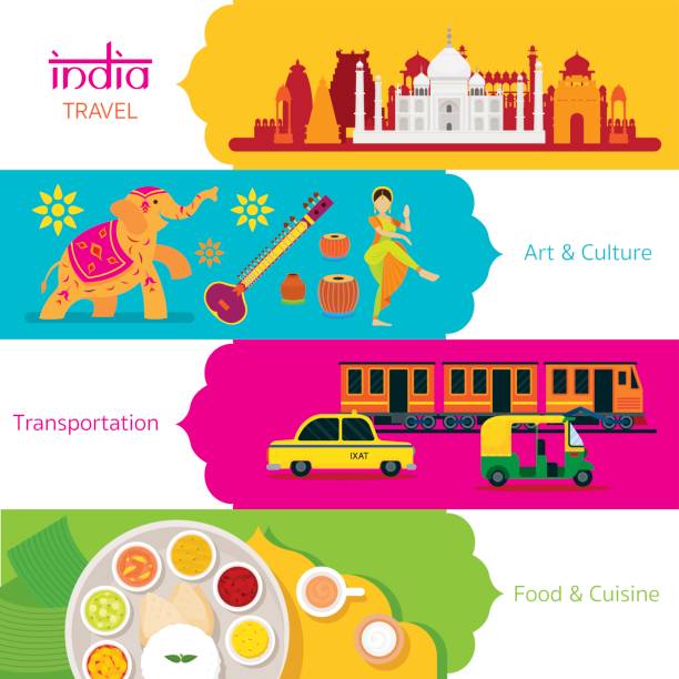 India Travel, Banner Set Art and Culture, Transportation and Food india train stock illustrations