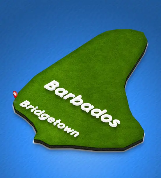 Illustration of a blue ground map of Barbados on water background. Left 3D isometric perspective projection with the name of country and capital Bridgetown.