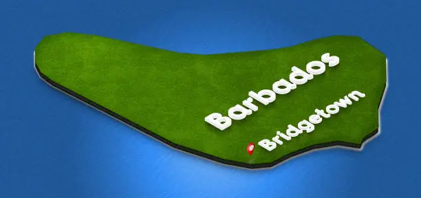 Illustration of a green ground map of Barbados on water background. Right 3D isometric perspective projection with the name of country and capital Bridgetown.