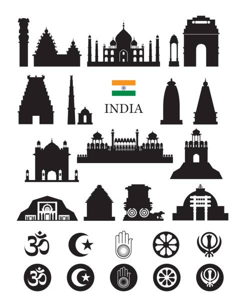 India Objects Icons Silhouette Architecture Landmarks and Religion Symbol Set hindu temple in india stock illustrations