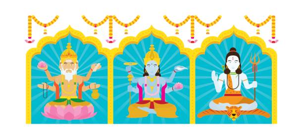 Trimurti, Brahma, Vishnu, Shiva the Trinity of Supreme Divinity in Hinduism brahma illustrations stock illustrations