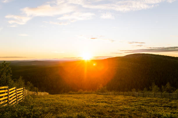 istock A beautiful landscape with a midnight sun above arctic circle. Dreamy scenery with light flares 827988346