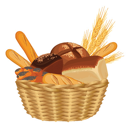 Basket filled with baked goods realistic style illustration on white