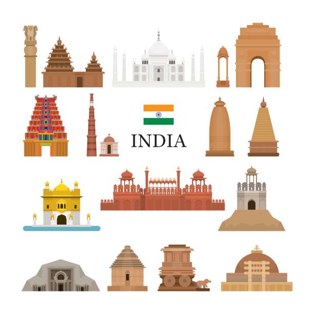 India Architecture Objects Icons Set Landmarks, Travel and Tourist Attraction ajanta caves stock illustrations