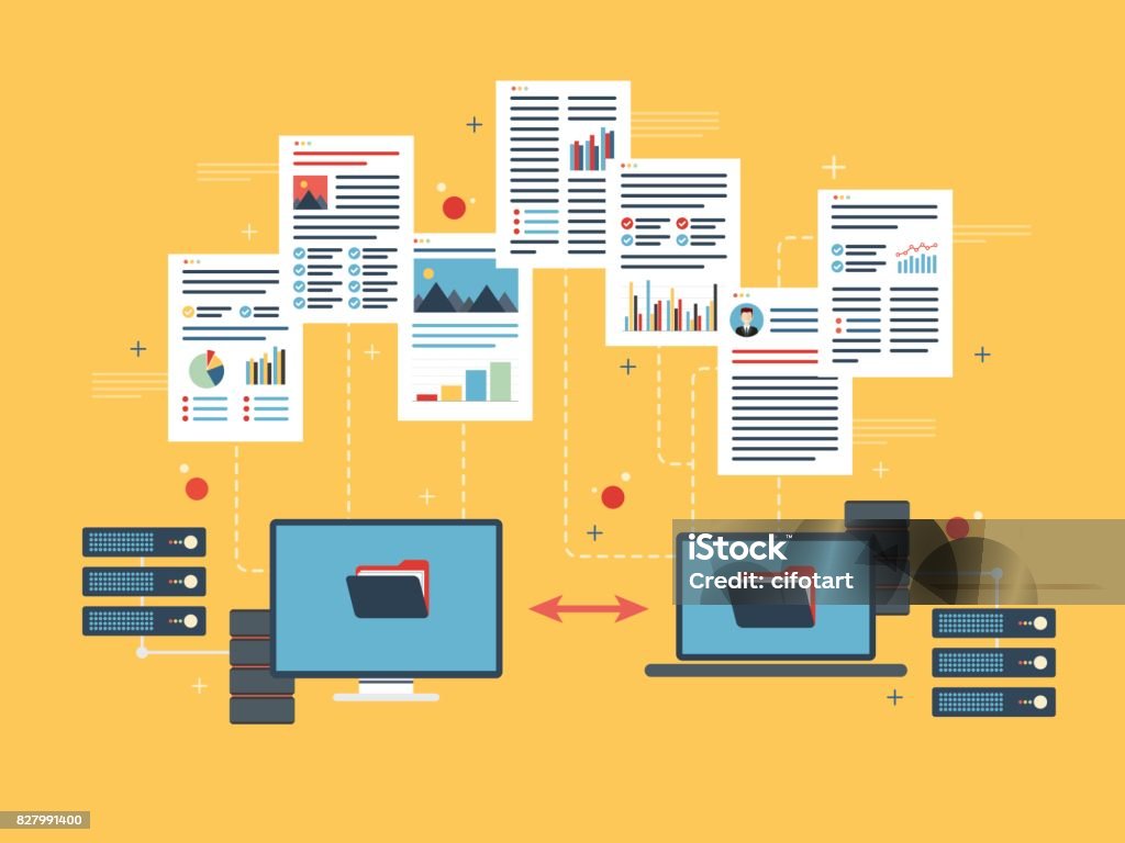 Trasferire dati tra computer e laptop. Dati di backup e rete di computer. - arte vettoriale royalty-free di Documento