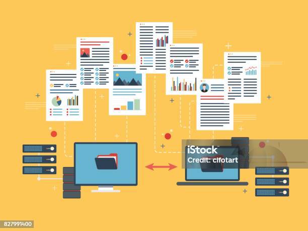 コンピューターとラップトップ間のデータを転送しますバックアップ データとコンピューター ネットワーク - 書類のベクターアート素材や画像を多数ご用意