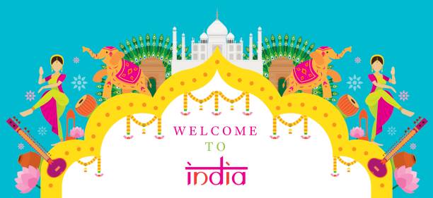 illustrazioni stock, clip art, cartoni animati e icone di tendenza di banner dell'attrazione di viaggio in india - asia travel traditional culture people