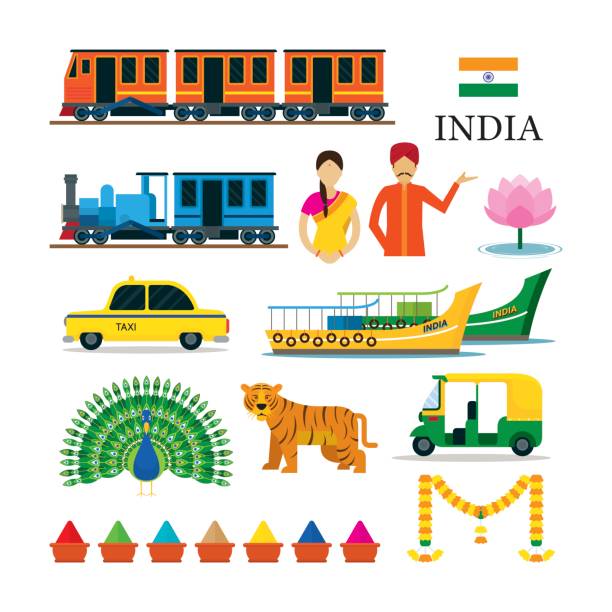 India Transportation and Animals Objects Icons Set National Symbols, Travel and Tourist Attraction india train stock illustrations