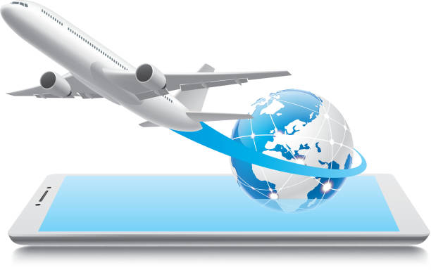 Airplane Air travel by mobile phone round the world travel stock illustrations