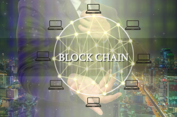 istock Block chain Text and Distributed computer network with Hand of businessman holding the icon over the Modern business building glass of skyscrapers,Distributed ledger technology and block chain concept 828008318