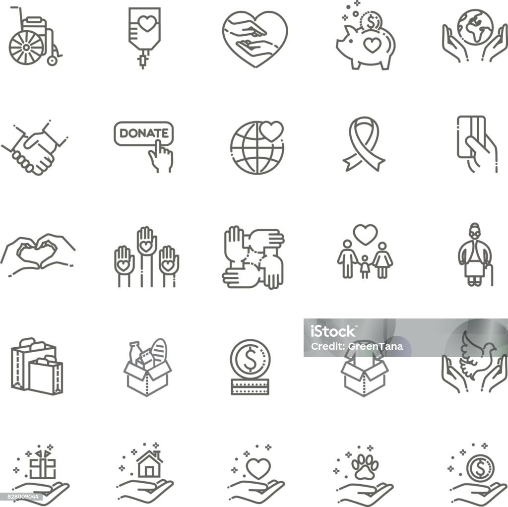 Charity - modern vector line design icons and pictograms set. Charity, donation and volunteering icon set in thin line style Icon Symbol stock vector