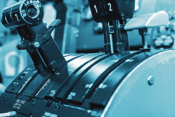 istock Engine lever in the cockpit of an airliner 828009264