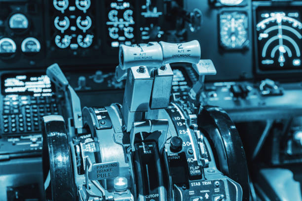 istock Engine lever in the cockpit of an airliner 828009434