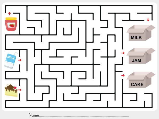 illustrazioni stock, clip art, cartoni animati e icone di tendenza di gioco labirinto: scegli marmellata, latte e torta da scatola - foglio di lavoro per l'istruzione - paper match