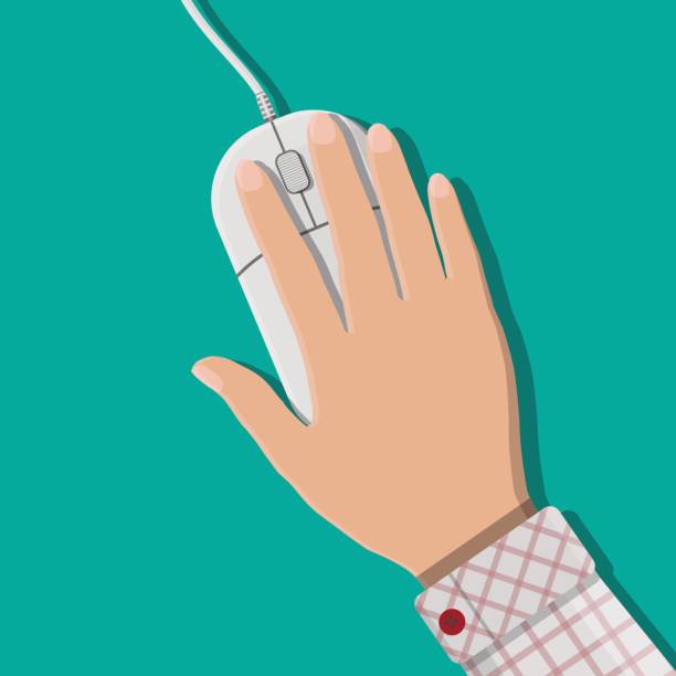 Simple computer or laptop mouse in hand Simple computer or laptop mouse in hand of user. Wireless input device. Vector illustration in flat style mousepad square stock illustrations