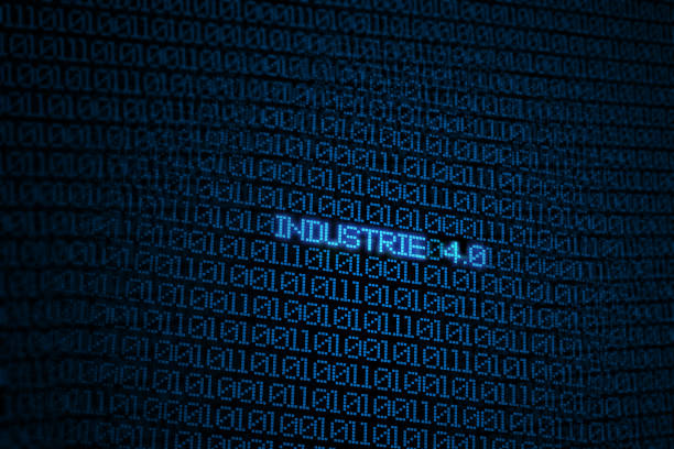 glowing blue binary code on screen with word industrie 4.0 (german for industry 4.0) background concept - industrie imagens e fotografias de stock