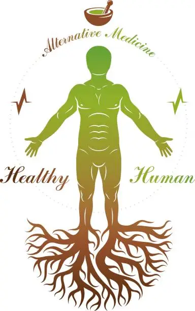 Vector illustration of Vector graphic illustration of strong male depicted as continuation of tree and composed with mortar and pestle. Phytotherapy metaphor, healthy lifestyle concept.