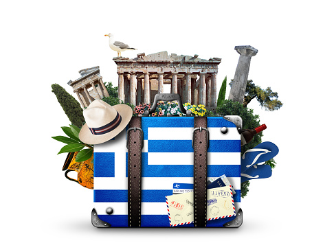 Greece, vintage suitcase with Greece landmarks