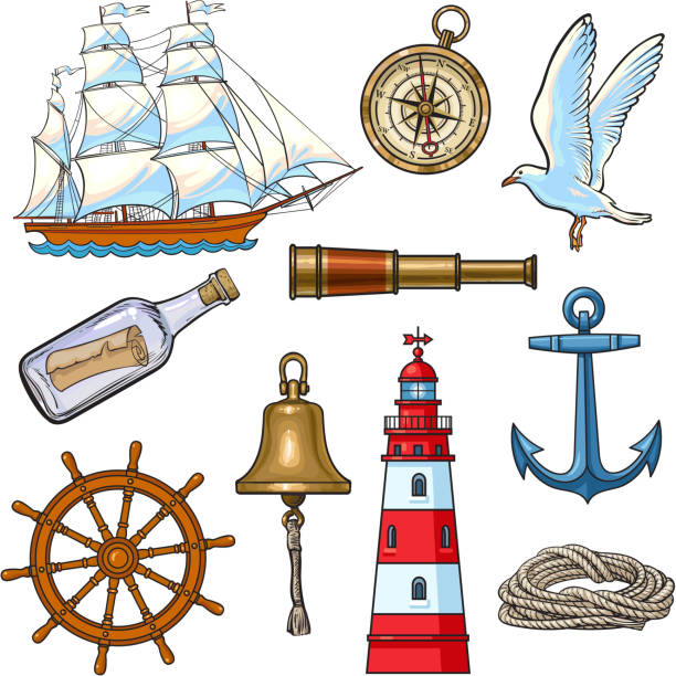 Cartoon nautical elements, vector illustration Cartoon nautical elements - lighthouse, anchor, compass, ship, rope, steering wheel, seagull, message bottle, bell, vector illustration isolated on white background. Set of cartoon nautical elements sail boat clipart pictures stock illustrations