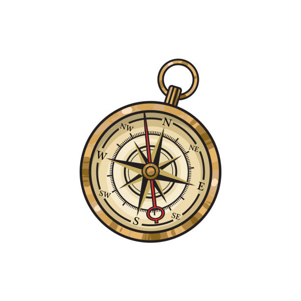 손으로 그린된 빈티지 노련한 그려진된 나침반, - compass direction east gold stock illustrations