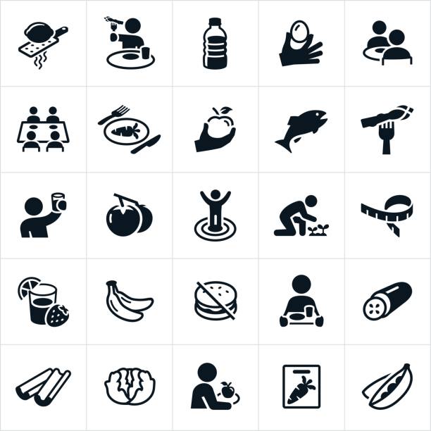 Healthy Eating Icons A set of healthy eating icons. The icons include people eating healthy as well as healthy foods including eggs, carrots, apple, asparagus, tomatoes, bananas, lettuce, celery, peas and cucumber to name a few. eating asparagus stock illustrations