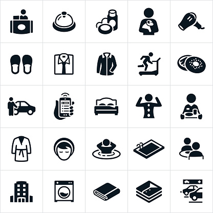 An icon set representing different hotel amenities. The amenities include check-in, pets, hair dryer, toiletries, dry cleaning, fitness, breakfast, valet parking, Concierge, room service, internet, spa, robe, hot tub, swimming pool, restaurant, dining, laundry and parking to name a few.